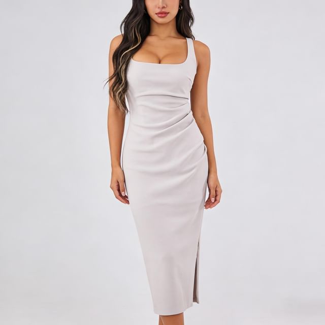 Colada-Sleeveless Plain Ruched Midi Sheath Dress