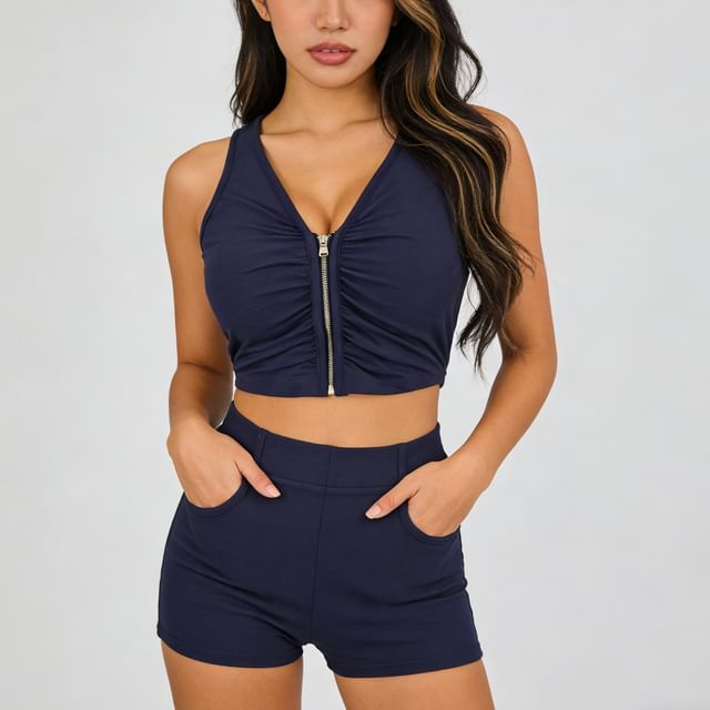 Colada-Sleeveless V-Neck Zip-Up Plain Crop Top