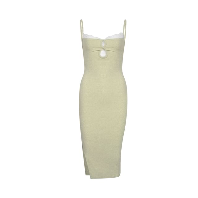 Colada-Spaghetti Strap Cutout Panel Lace Midi Sheath Dress