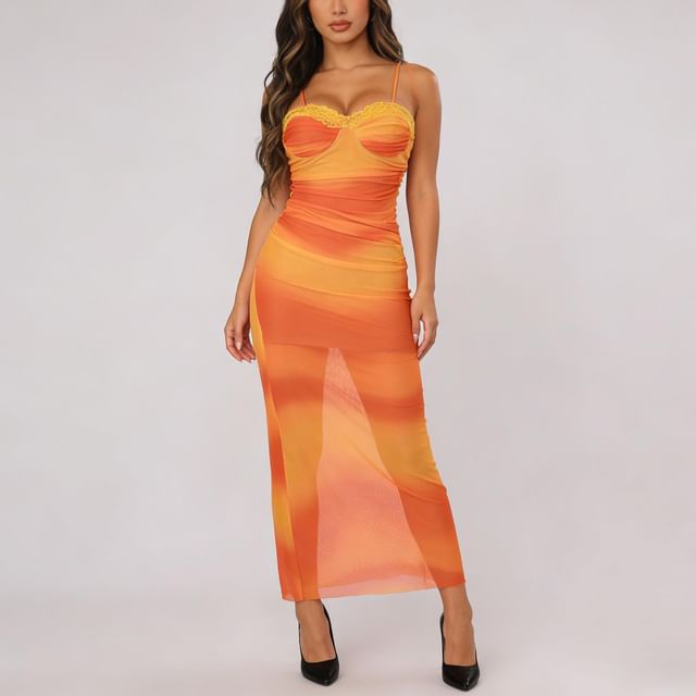 Colada-Spaghetti Strap Gradient Lace Panel Mesh Maxi Sheath Dress
