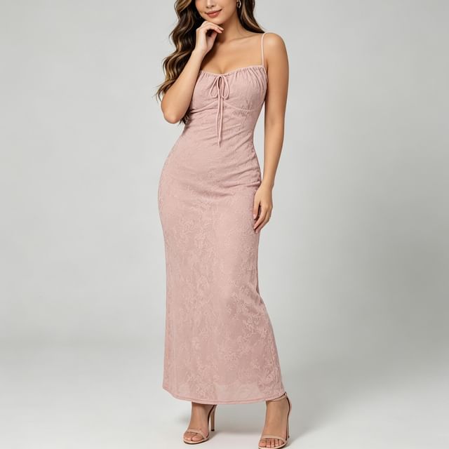 Colada-Spaghetti Strap Plain Tie Front Maxi Sheath Dress