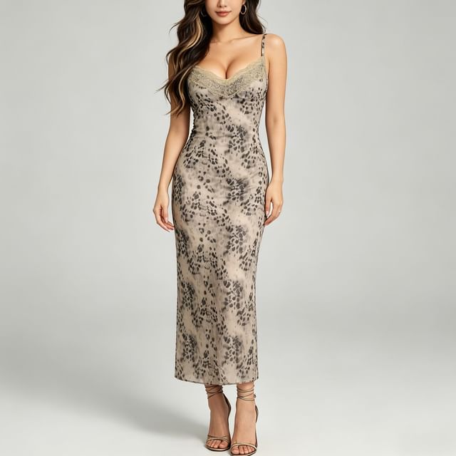 Colada-Spaghetti Strap V-Neck Leopard Print Maxi Bodycon Dress