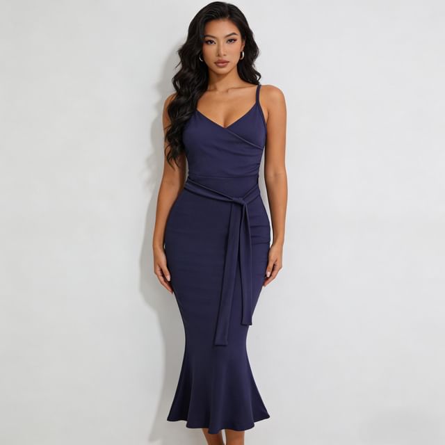 Colada-Spaghetti Strap V-Neck Plain Wrap Maxi Bodycon Dress
