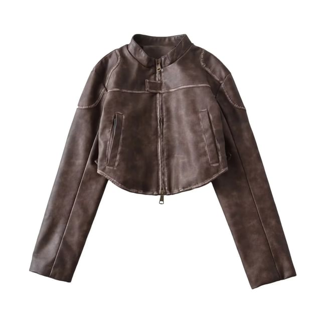 Colada-Stand Collar Faux Leather Crop Zip Jacket