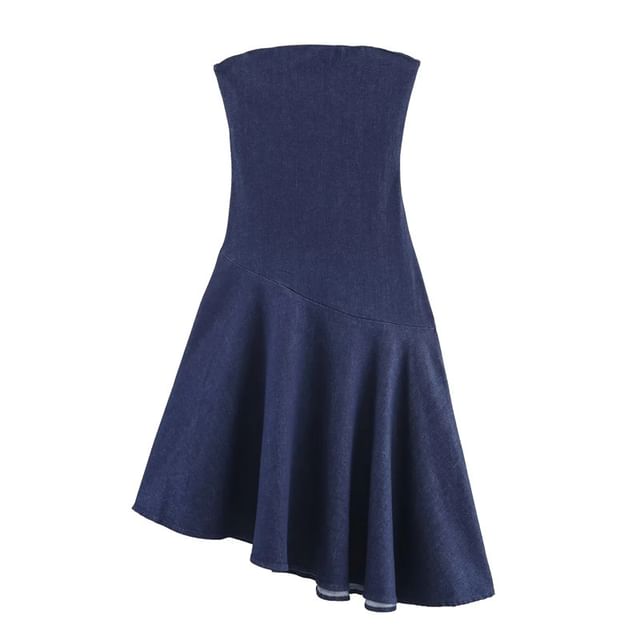 Colada-Strapless Plain Asymmetrical Denim A-Line Dress