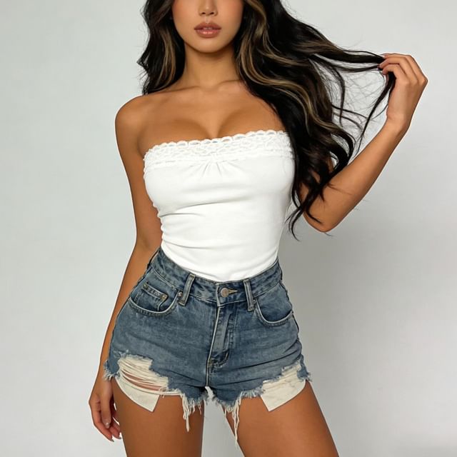 Colada-Strapless Plain Lace Trim Top