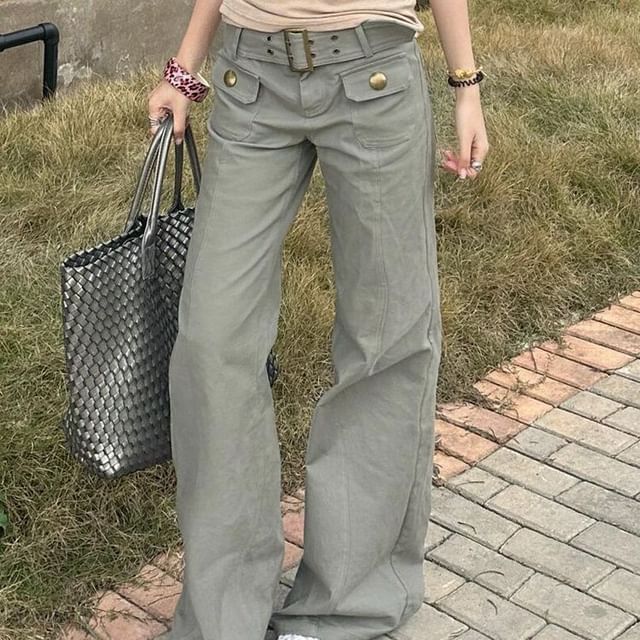 Coline-Belt Waist Plain Flared Cargo Pants
