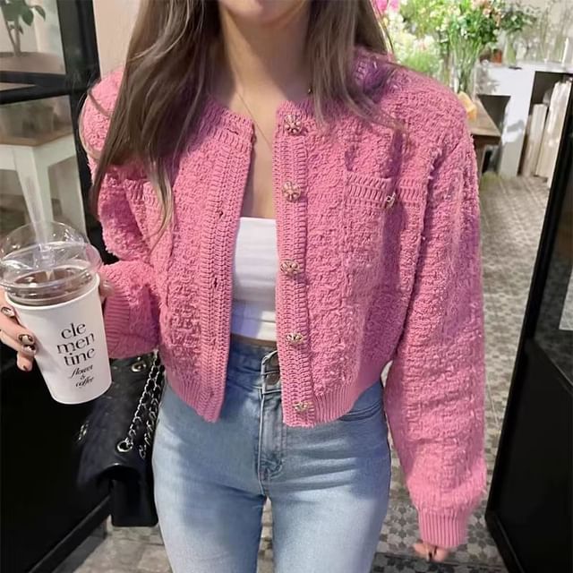 Coline-Crewneck Plain Crop Cardigan
