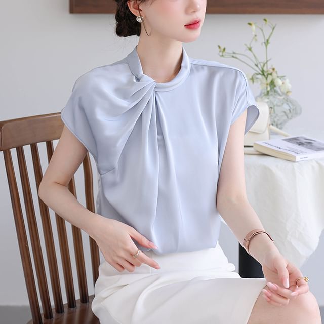 Coline-French Sleeve Collared Plain Ruched Blouse