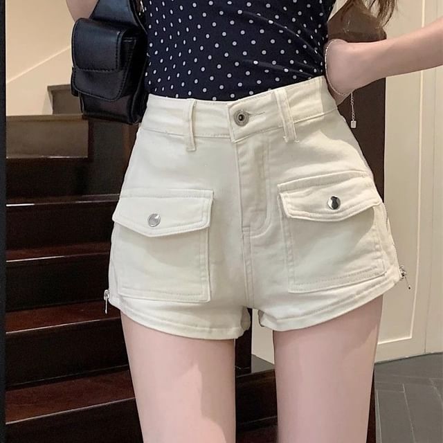 Coline-High Waist Plain Zip Detail Shorts