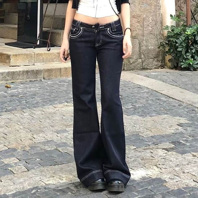 Coline-Low Rise Contrast Stitched Flared Jeans