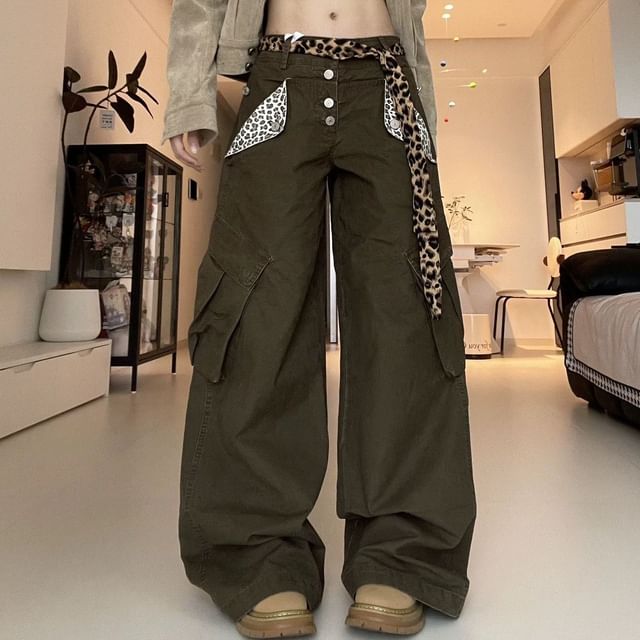 Coline-Low Rise Leopard Belt Baggy Cargo Pants