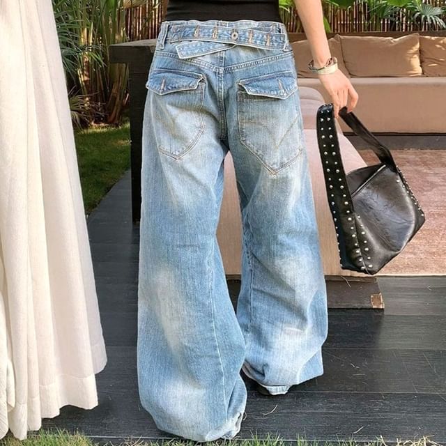 Coline-Low Rise Washed Wide Leg Jeans