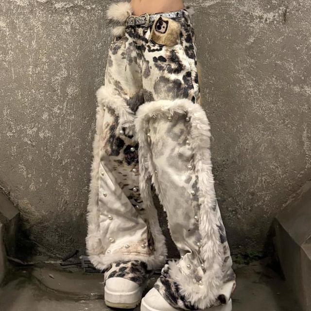 Coline-Low Waist Leopard Print Fleece Wide Leg Jeans