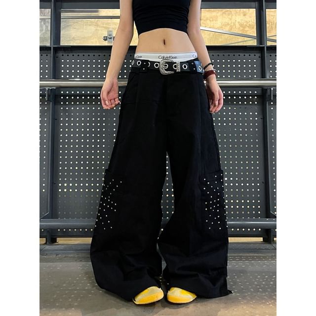 Coline-Low Waist Studded Wide Leg Pants