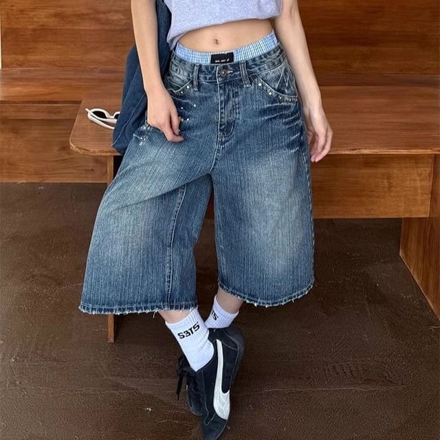 Coline-Low Waist Washed Wide Leg Jorts