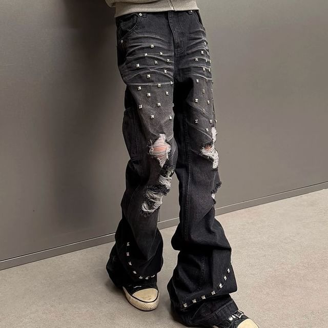 Coline-Mid Rise Distressed Studded Flared Jeans