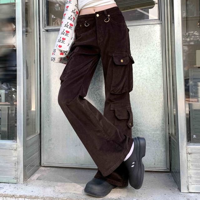 Coline-Mid Rise Plain Wide Leg Cargo Pants