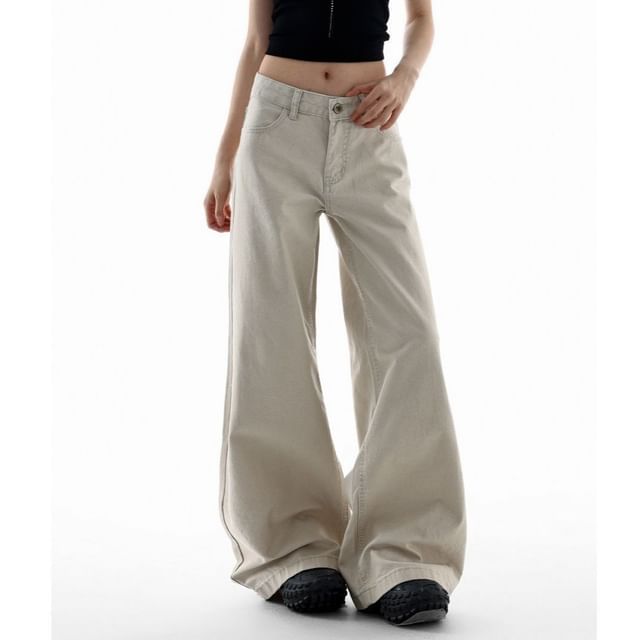 Coline-Mid Rise Plain Wide Leg Jeans