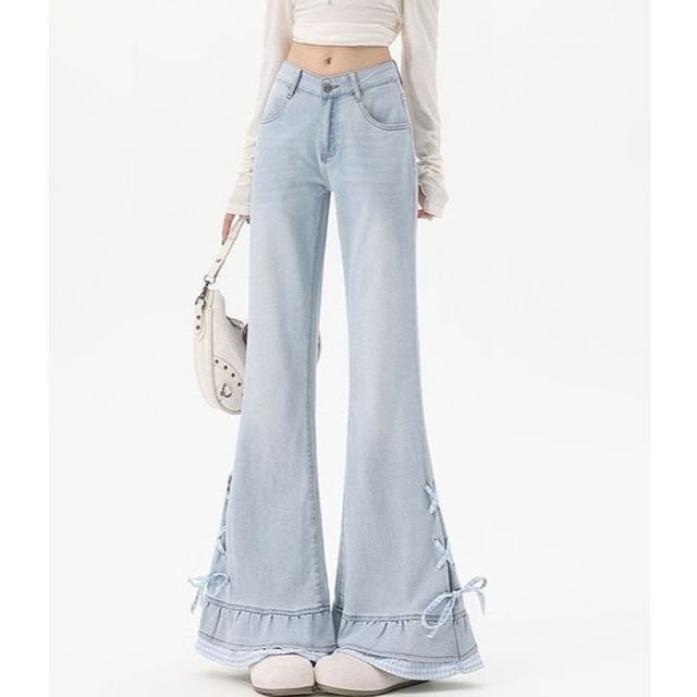 Coline-Mid Rise Washed Denim Plaid Trim Flared Jeans