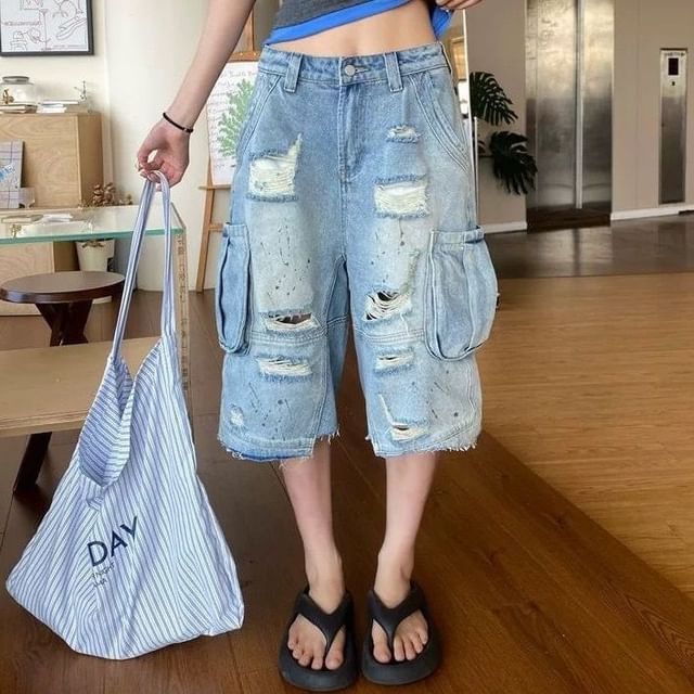 Coline-Mid Rise Washed Distressed Cargo Jorts