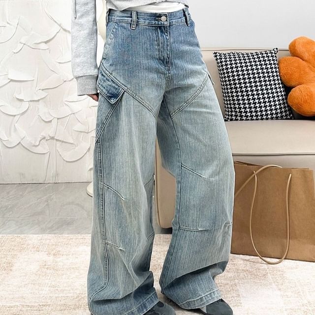 Coline-Mid Rise Washed Wide Leg Cargo Jeans