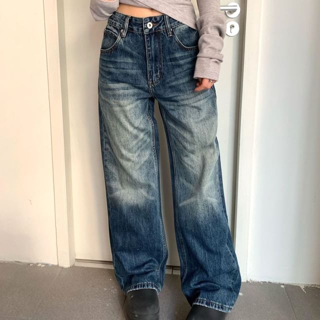 Coline-Mid Rise Washed Wide Leg Jeans