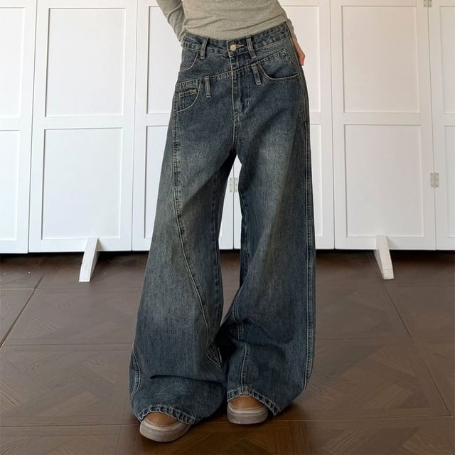 Coline-Mid Rise Washed Wide Leg Jeans