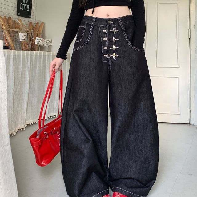 Coline-Mid Waist Clasped Baggy Jeans