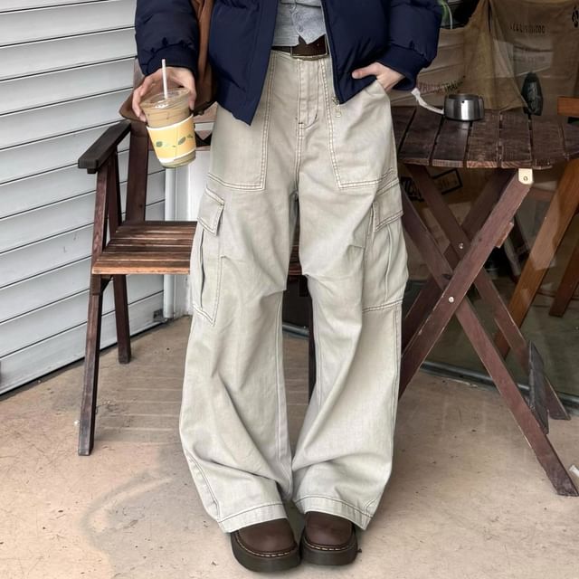 Coline-Mid Waist Plain Baggy Cargo Pants