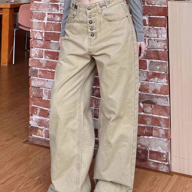 Coline-Mid Waist Plain Baggy Jeans