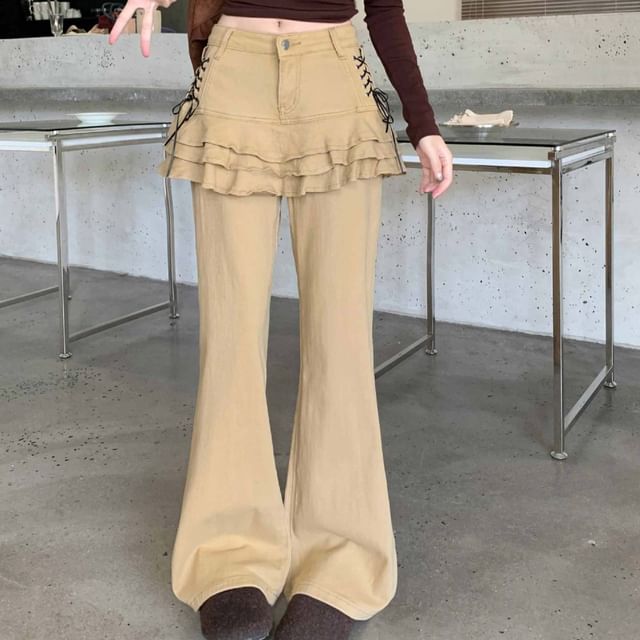 Coline-Mid Waist Plain Skirt Overlay Flared Jeans