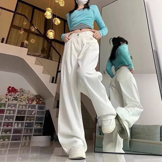 Coline-Mid Waist Plain Wide Leg Jeans