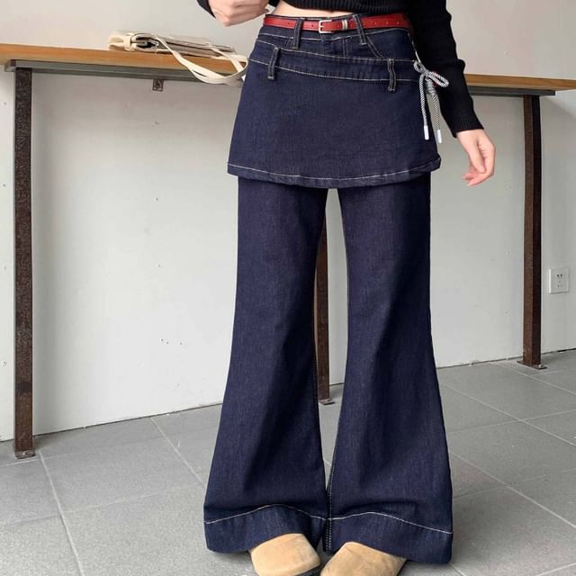 Coline-Mid Waist Skirt Overlay Flared Jeans