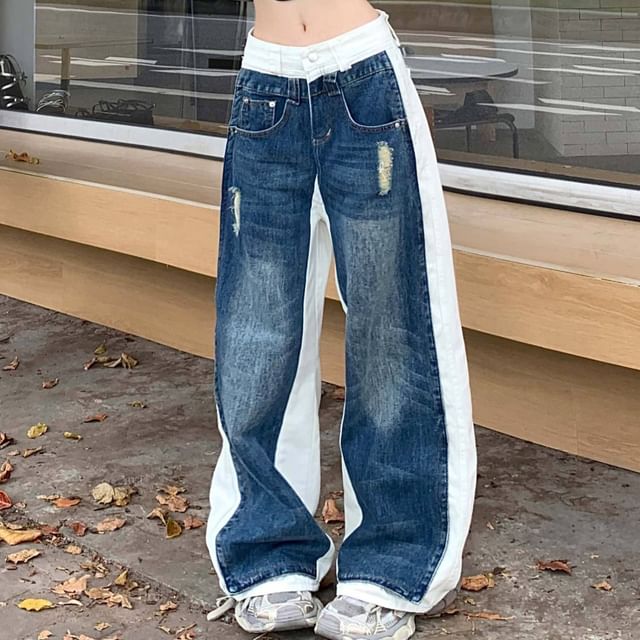 Coline-Mid Waist Two Tone Baggy Jeans