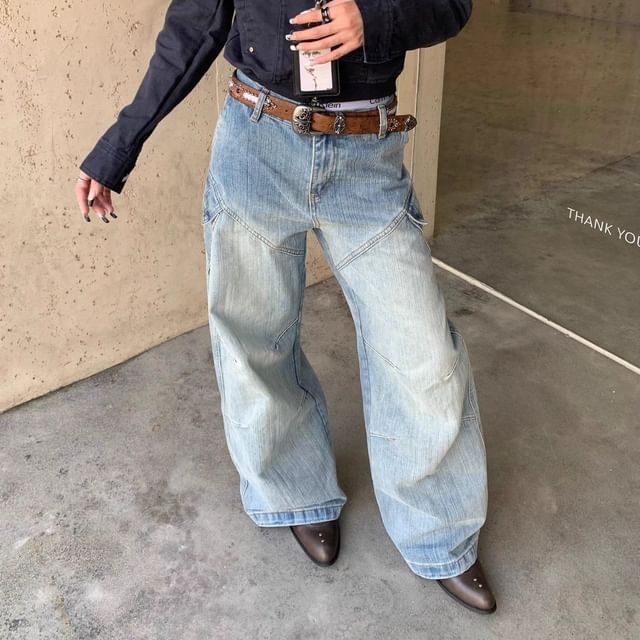 Coline-Mid Waist Washed Baggy Jeans