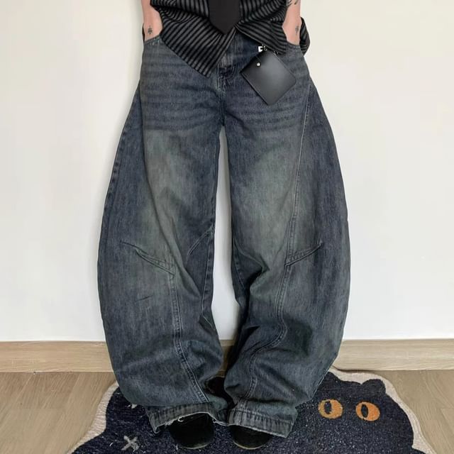 Coline-Mid Waist Washed Baggy Jeans
