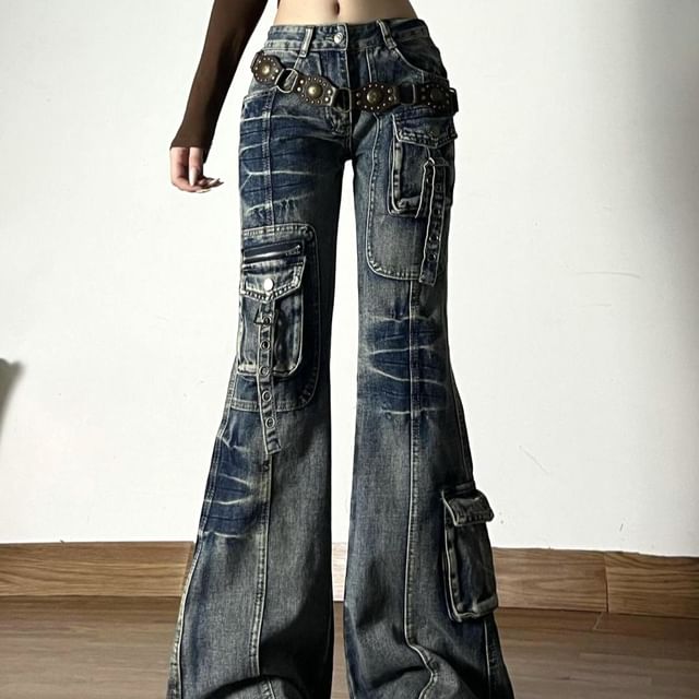 Coline-Mid Waist Washed Flared Cargo Jeans