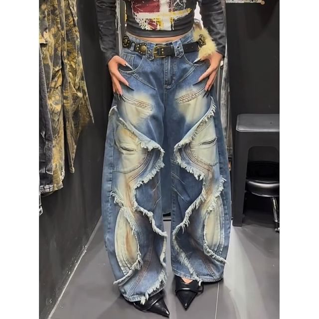 Coline-Mid Waist Washed Ripped Baggy Jeans