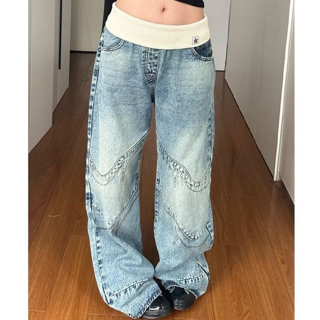 Coline-Mid Waist Washed Wide Leg Jeans