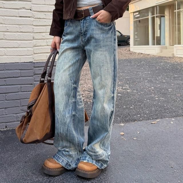 Coline-Mid Waist Washed Wide Leg Jeans
