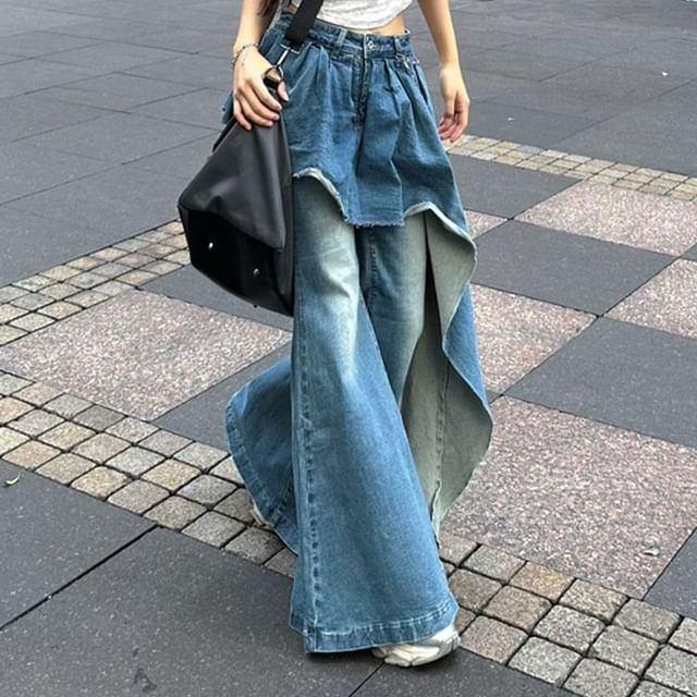Coline-Mock Two-Piece Skit Overlay Flared Jeans
