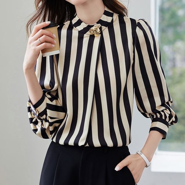 Coline-Puff-Sleeve Collarless Striped Blouse