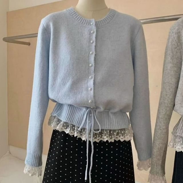Coline-Round Neck Lace Panel Cardigan