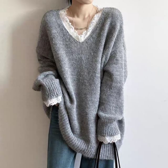 Coline-V-Neck Lace Trim Sweater