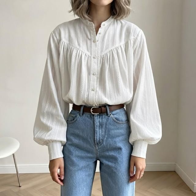 Core Label-Balloon-Sleeve Stand Collar Shirred Plain Shirt