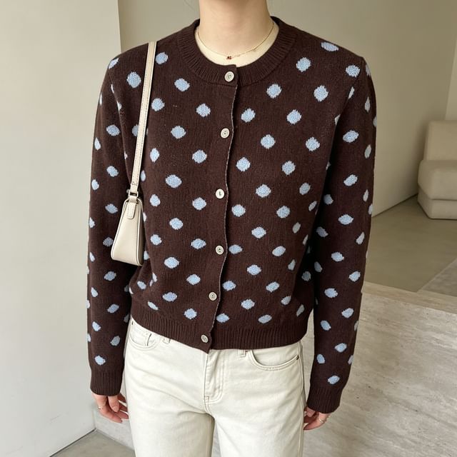 Core Label-Crewneck Polka Dot Button-Up Cardigan