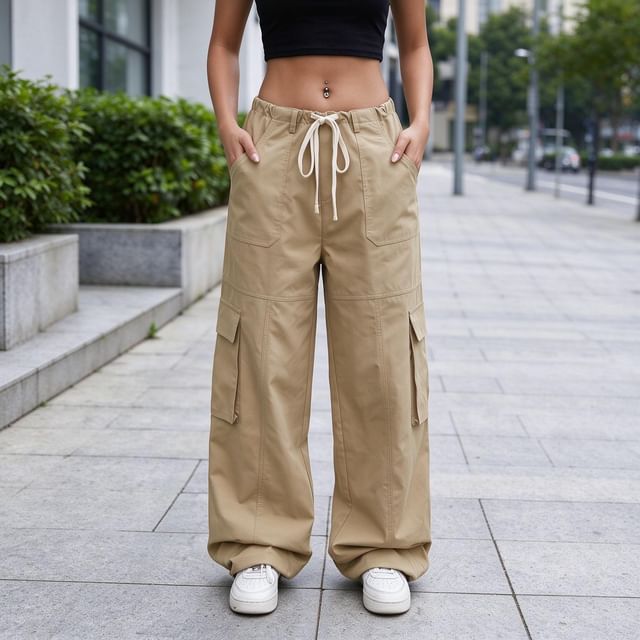 Core Label-Drawstring Waist Plain Baggy Wide Leg Cargo Pants