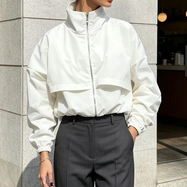 Core Label-High Neck Zip-Up Plain Windbreaker