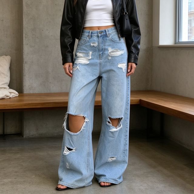 Core Label-High Waist Distressed Loose Fit Flared Jeans